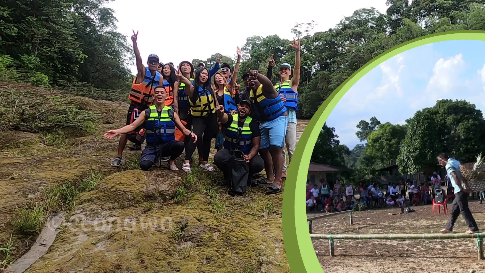 Grupo de visitantes disfrutando turismo de aventura en el río San Juan en la selva del Putumayo con Econawa
